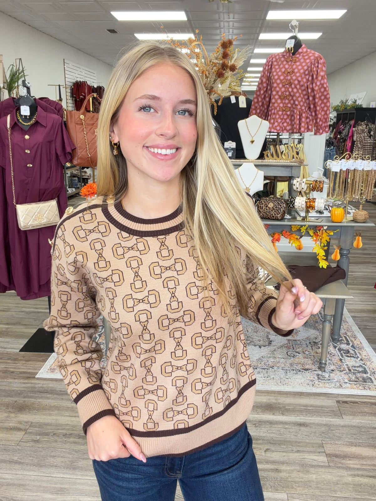 Mary Horse Bit Bow Print Sweater - Soft Sweater Shoulder Details Gold Button On Shoulder