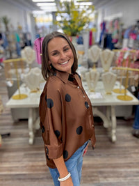Pretty in polka dot blouse - brown satin button-up top with oversized black polka dots, featuring a classic collar, three-quarter sleeves, and a relaxed fit