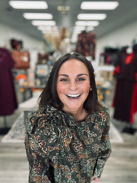 Olive After Hours Blouse- Fall Floral print, ruffle tie neckline long sleeve blouse