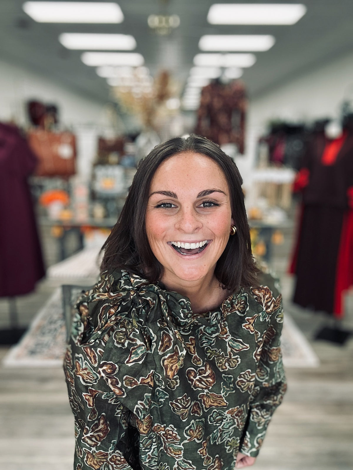 Olive After Hours Blouse- Fall Floral print, ruffle tie neckline long sleeve blouse