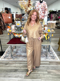 The Sienna Metallic Stripe Two Piece Set - Gold Taupe V Neck Long Sleeve Wrap Blouse