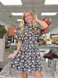 Autumn meadow dress - chocolate brown collared mini dress features an allover cream floral embroidery print, short sleeves, a button-front bodice, and a relaxed, flowy silhouette