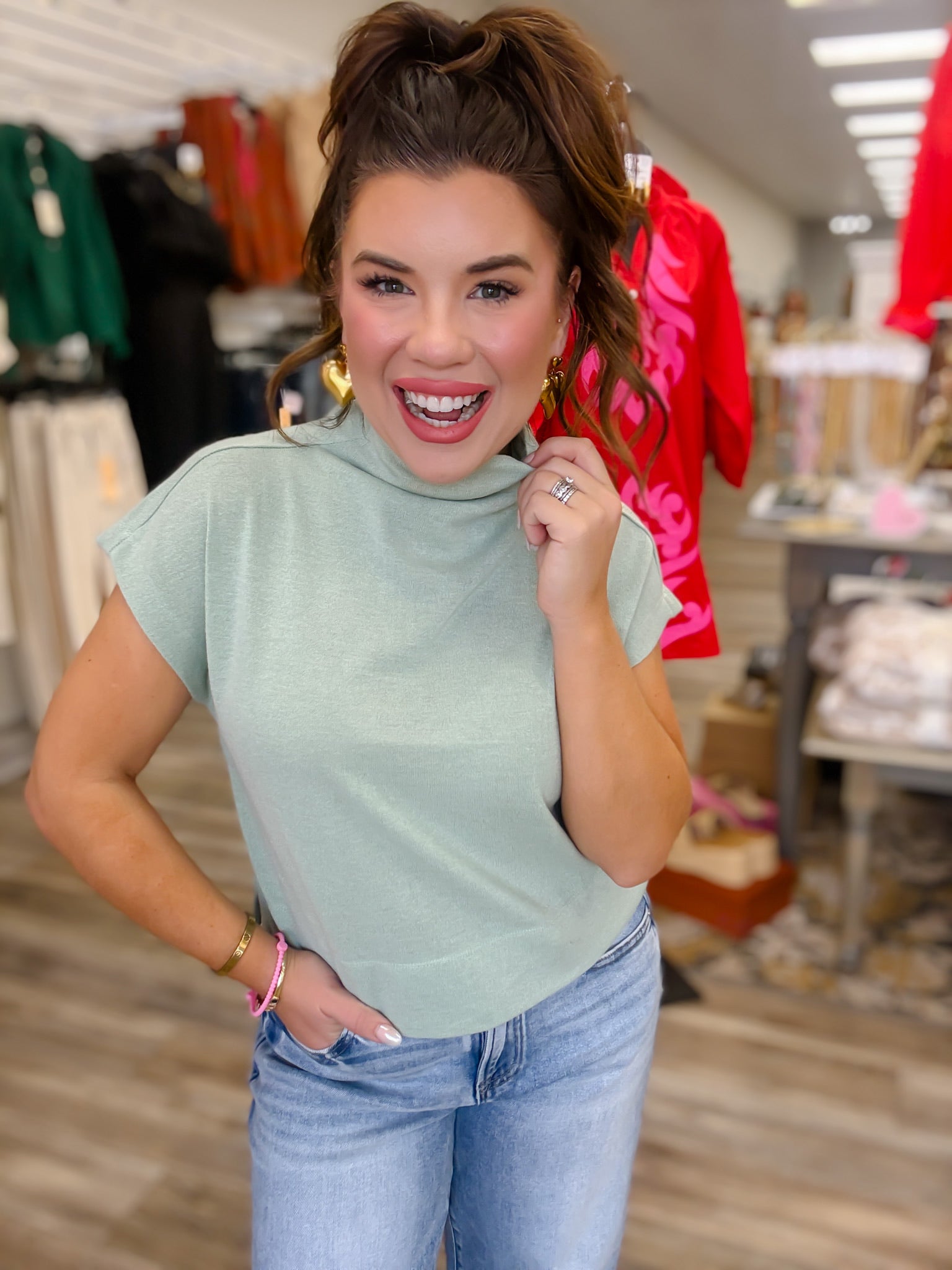 The Lucy Mock Neck Top - Mint Knit Short Sleeve - Entro