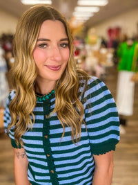 The Ivy sweater - knit sweater, green and light blue horizontal stripes, short sleeves with ribbed trim. Entro