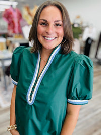 Country side classic Top - A rich emerald green blouse featuring puff sleeves, a split V-neckline with blue and ivory contrast trim