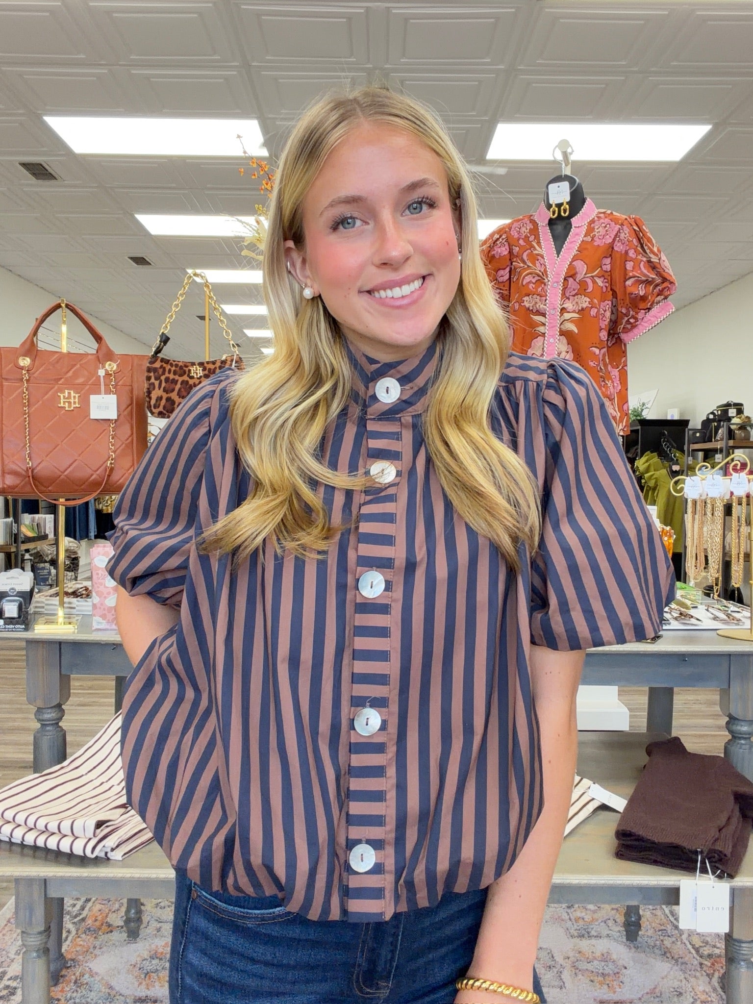 Elara Stripped Button Blouse