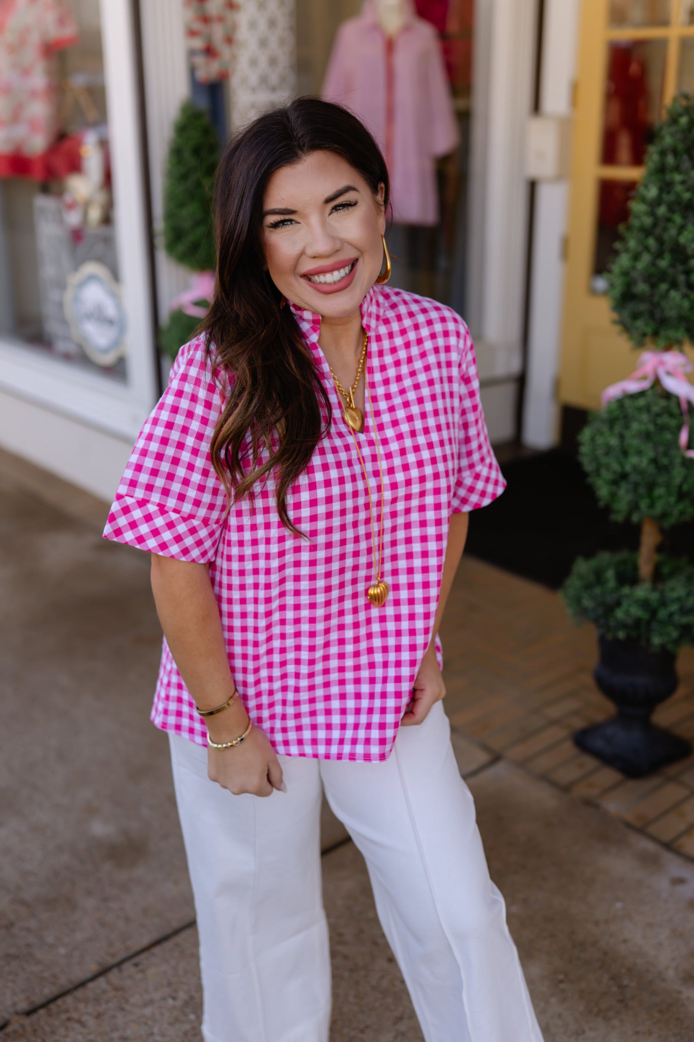 The Annalee Top - Pink Gigham Pattern 
-V Neck - Entro ￼