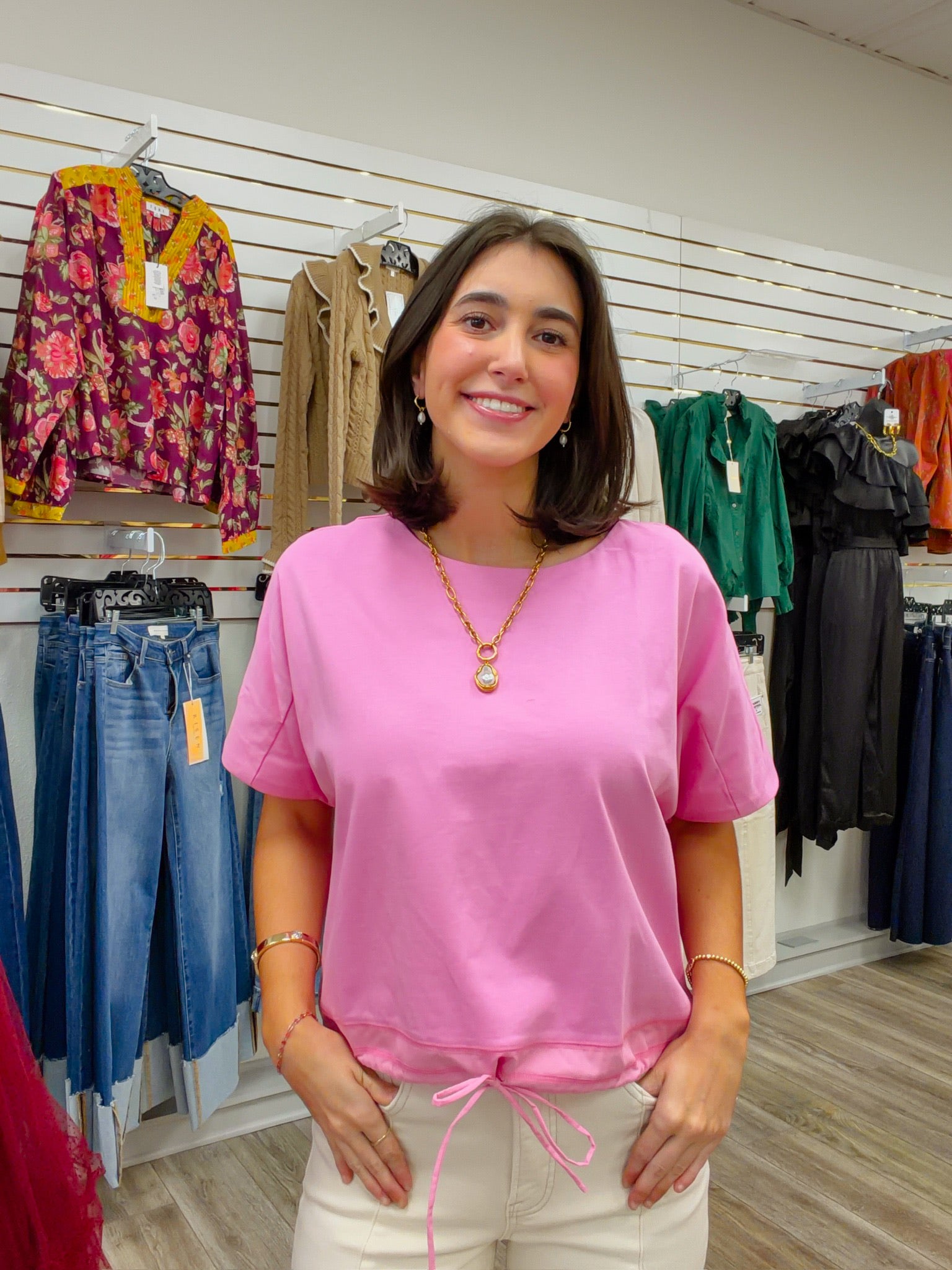 The Ella Top - Pink Draped Neckline Basic - Entro