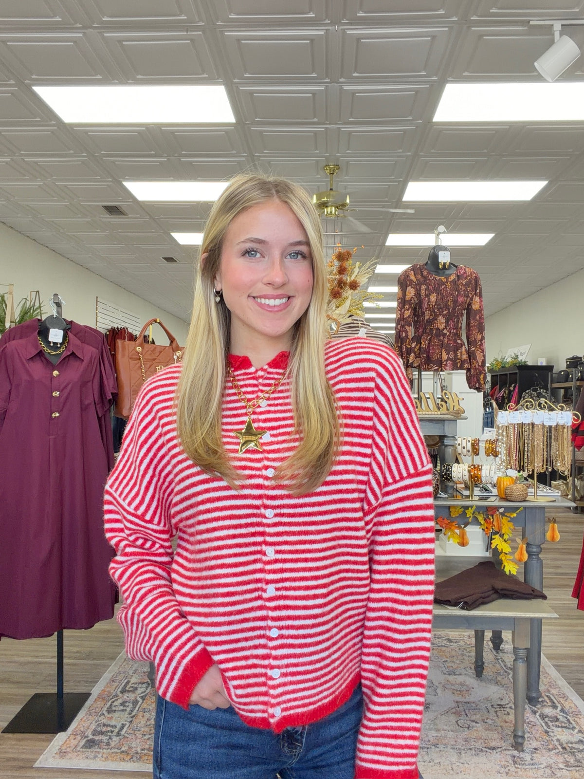Cherry Coast Striped Button-Up Sweater