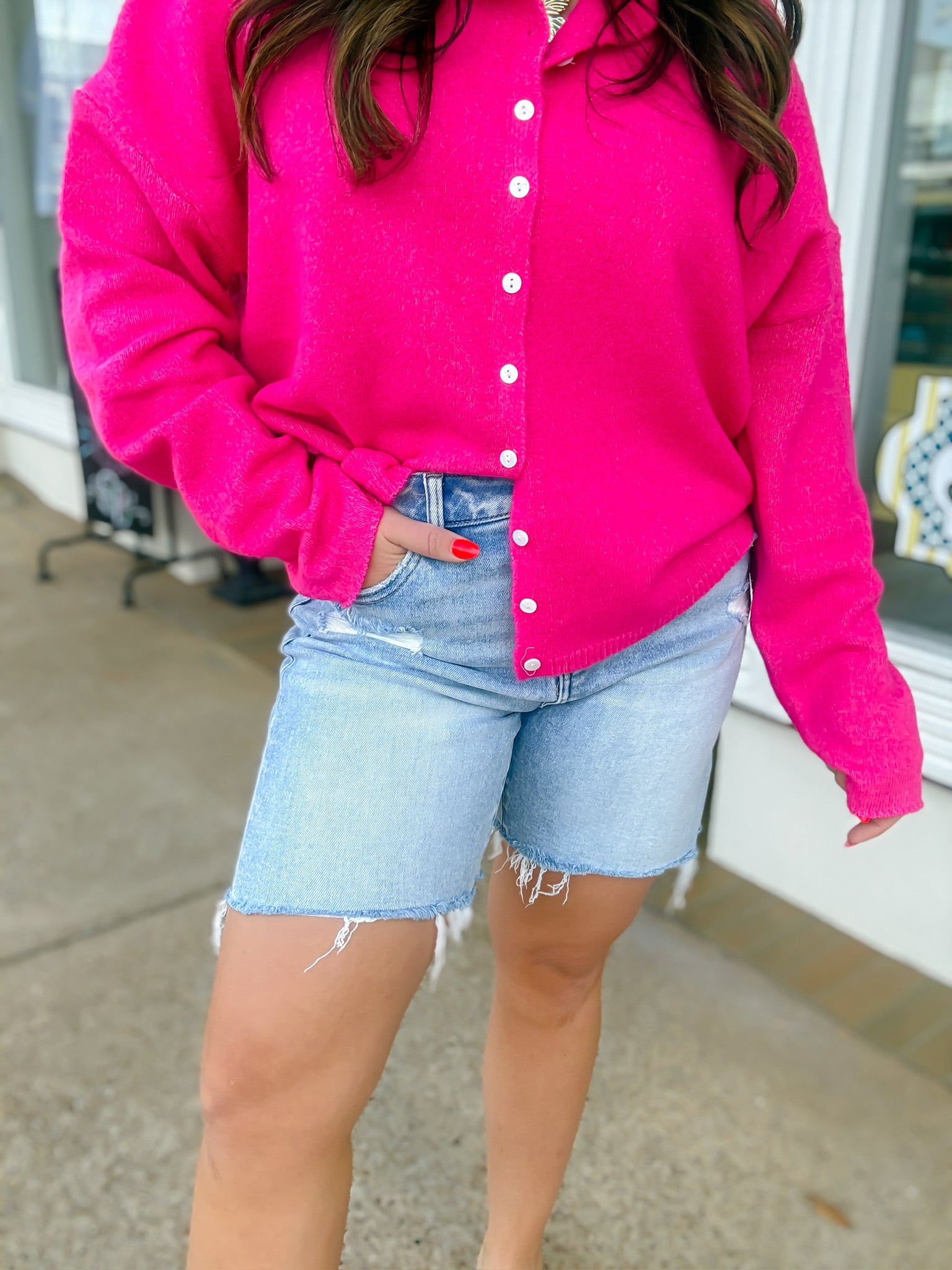 Risen - TC High-Rise-Loose Fit Mid Length Light Wash Shorts