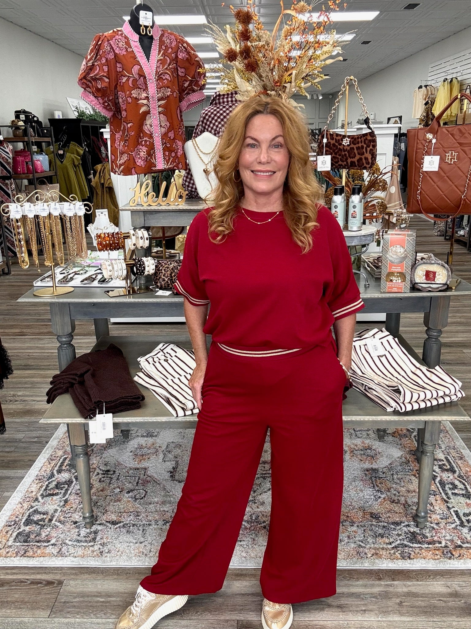 The Crimson Luxe Lounge Set - With Gold Detailing And A Relaxing Fit