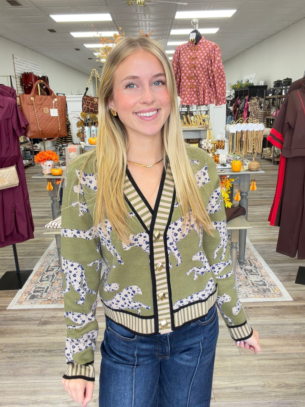 The Maya Leopard Cardigan - Cheetah  Print Button V Neck Green