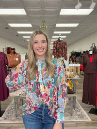 Autumn Mosaic Paisley Blouse – Lightweight Button Front Pleated Long Sleeve Top
