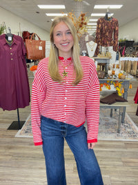 Cherry Coast Striped Button-Up Sweater