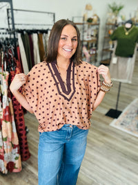 Autumn Mocha Charm Contrast Trim Polka Dot Blouse