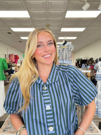Coastal Charm Button Blouse - Blue and emerald green stripes, oversized buttons, and puff sleeves