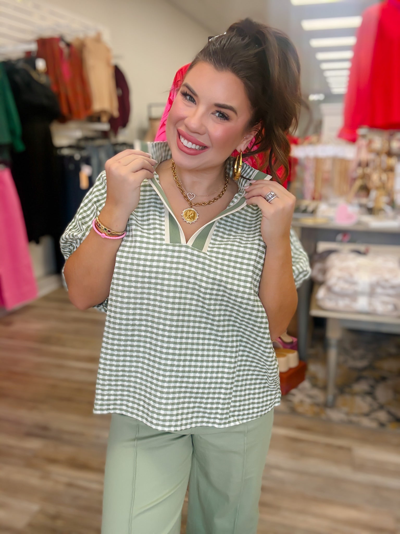 The Willow Gingham Top - Olive V Neck Puff Sleeve - Entro