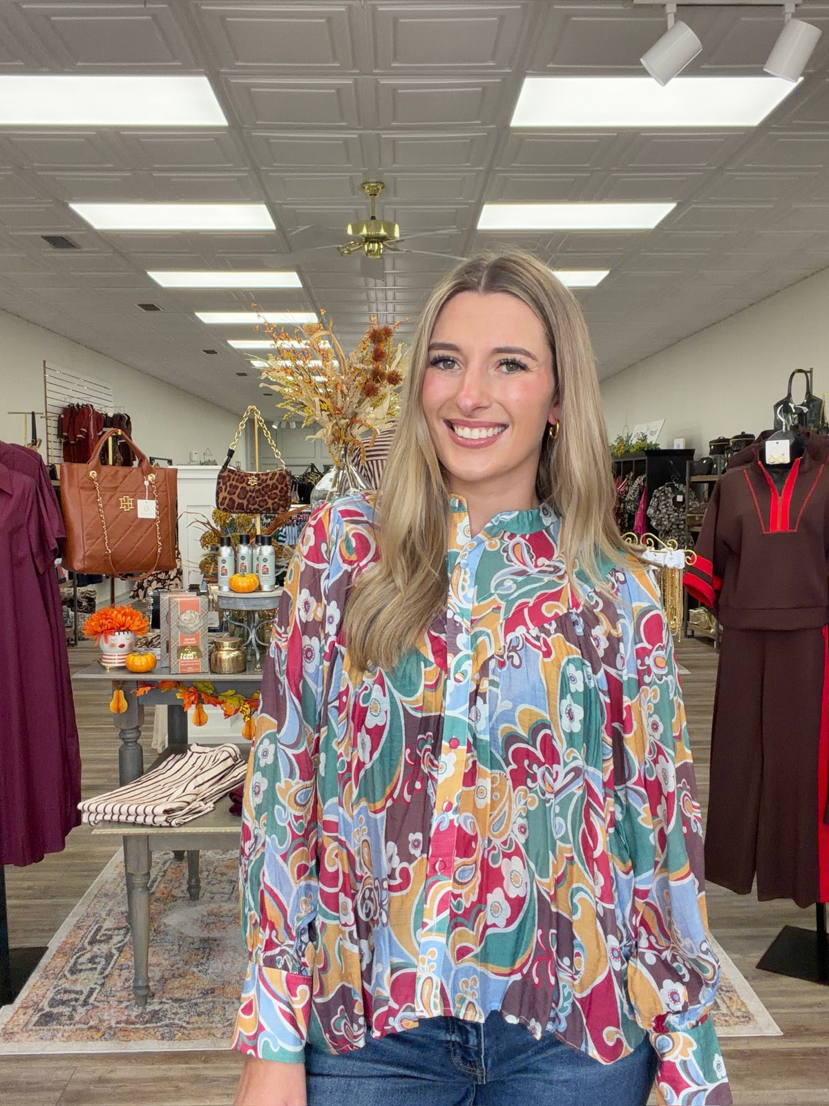 Autumn Mosaic Paisley Blouse – Lightweight Button Front Pleated Long Sleeve Top