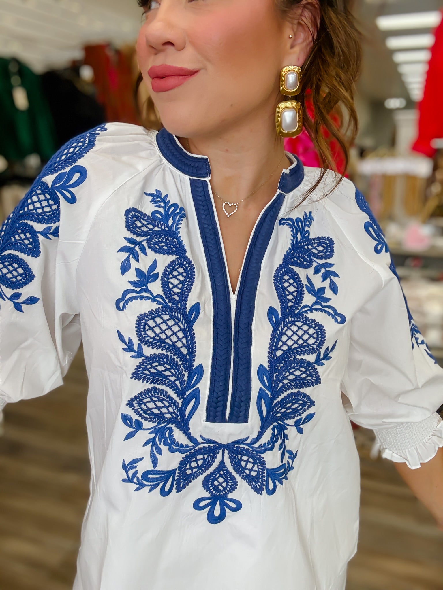 The Lila Embroidered Top - White Quarter Sleeve V Neck Embroidery Detail  - - Entro