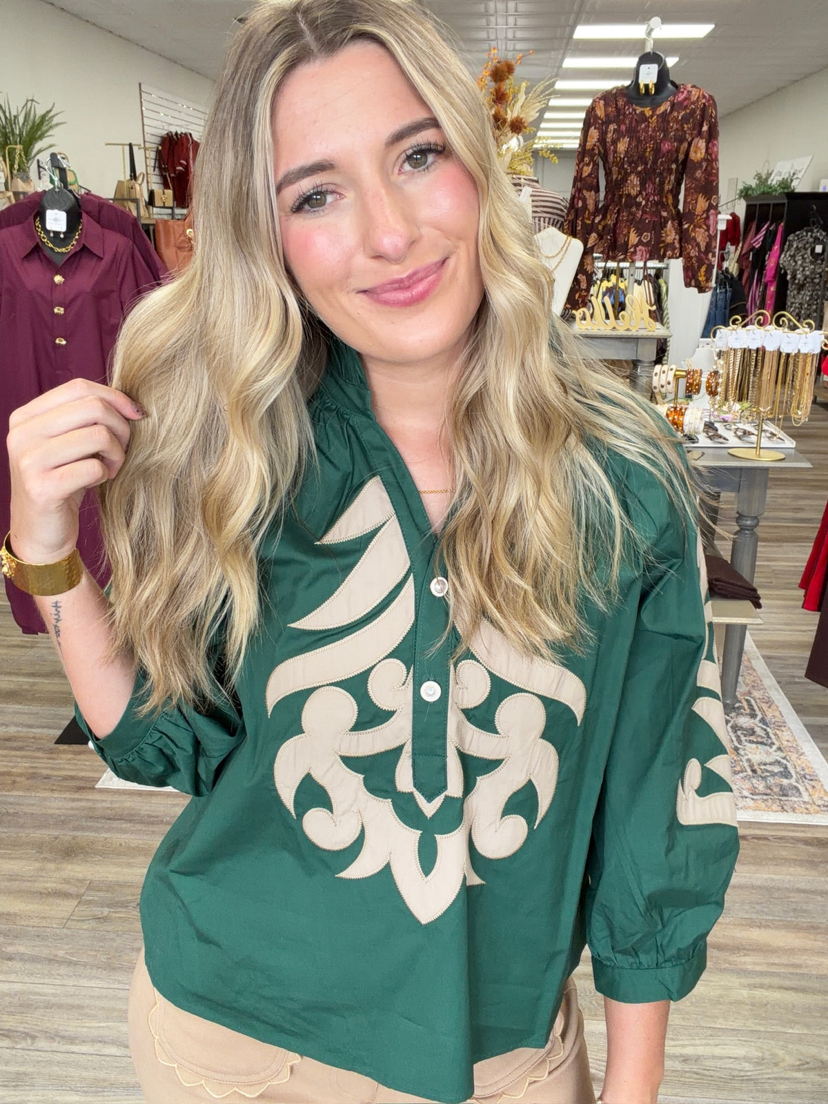 Emerald Heirloom Appliqué Ruffle Blouse