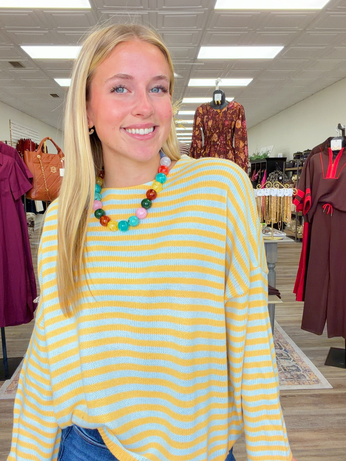 Meet me in stripes sweater - Cozy tangerine and blue striped knit sweater featuring a relaxed fit, classic round neckline