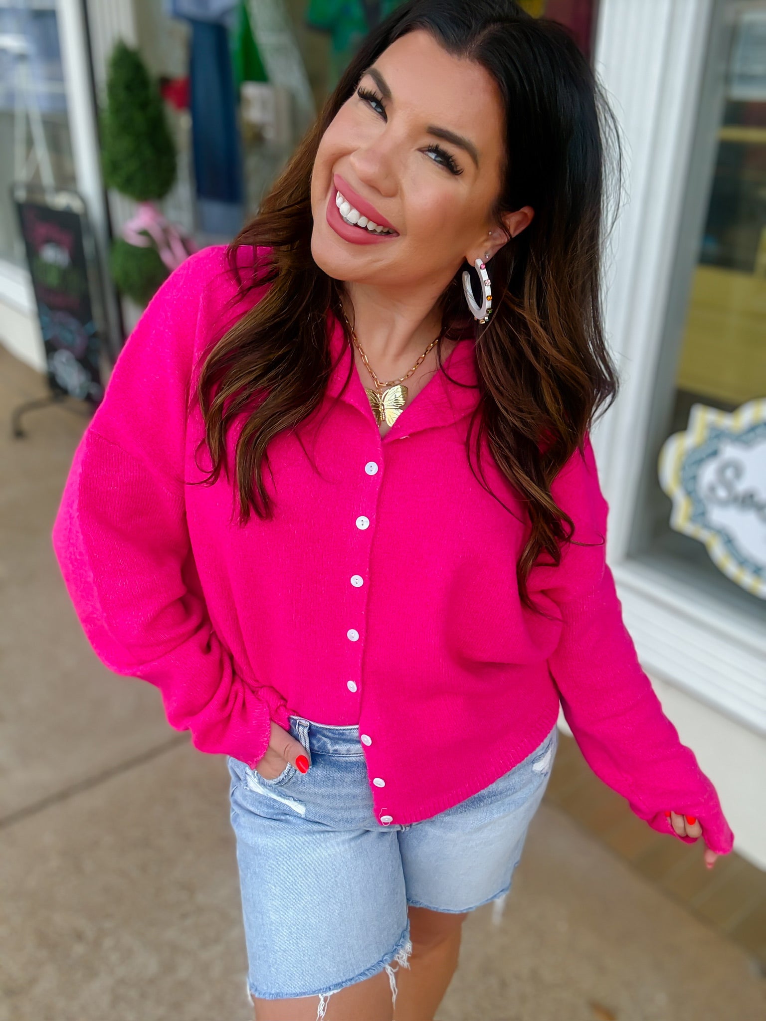 The Miranda cardigan- hot pink button down long sleeve soft - ee:some