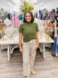 Olive Grove Luxe Knit Top. Ultra-soft moss green knit top, featuring a relaxed mock neckline, short sleeves, and a flattering easy-fit silhouette. -Entro