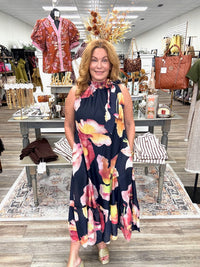 The Peyton Dress - Ruffle Neckline Tie Sleeveless Midi Floral Dress