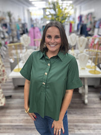 Kimmie top with collar, army green and gold button detailing with a cuffed short sleeve-Entro