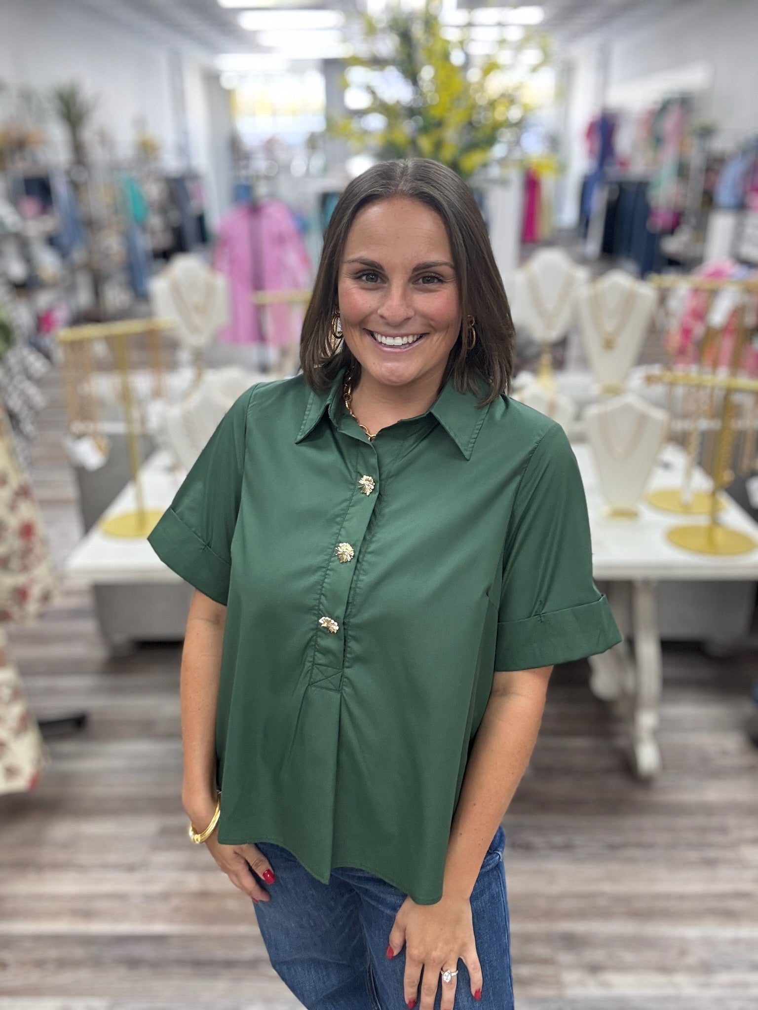 Kimmie top with collar, army green and gold button detailing with a cuffed short sleeve-Entro