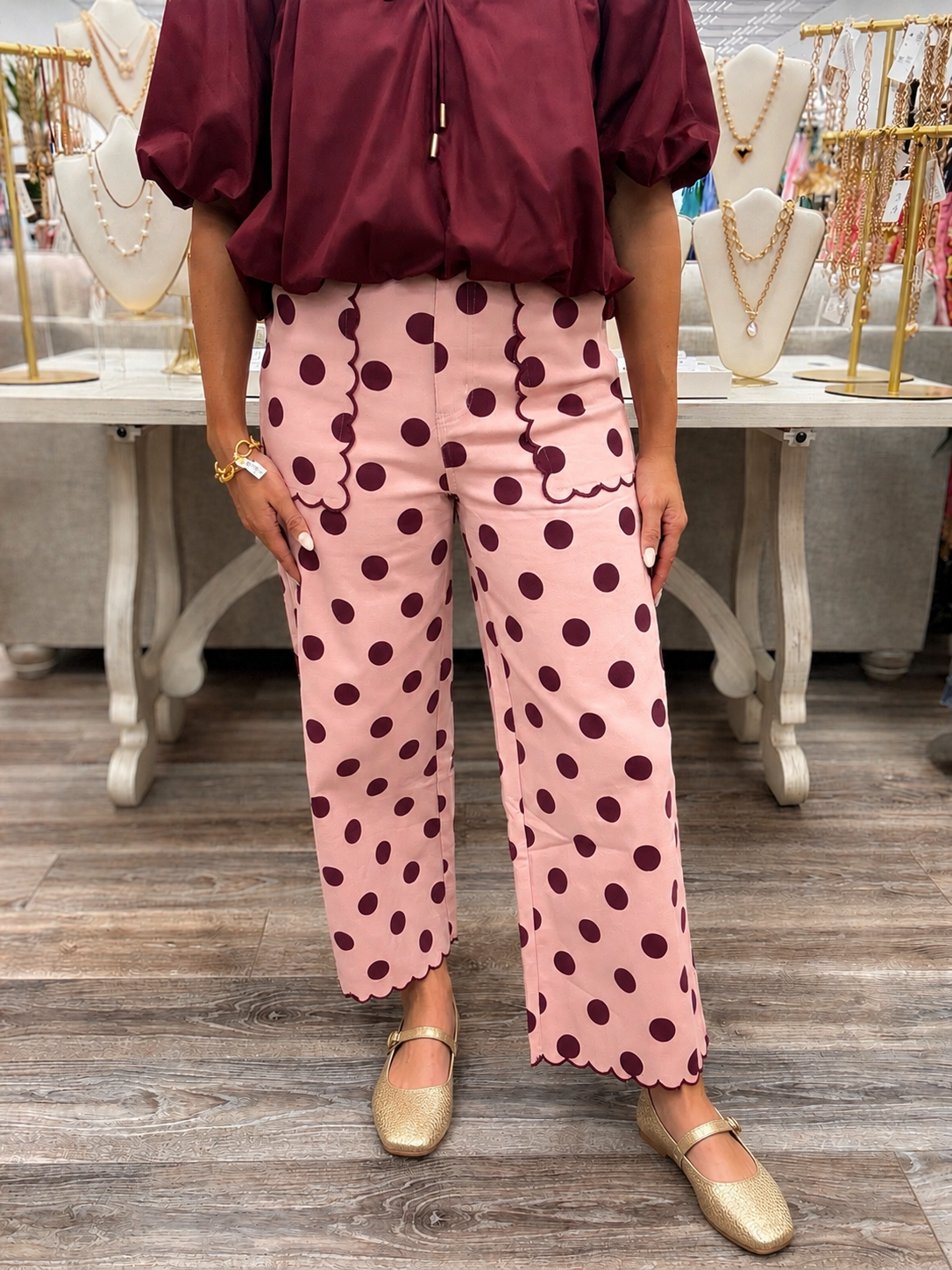 Rosé Rendezvous Scallop Dot Cropped Pants- pink/maroon