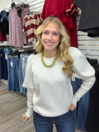Pretty in ivory sweater -  ivory knit sweater featuring feminine puff sleeves, a classic round neckline, and a relaxed high-low hem.