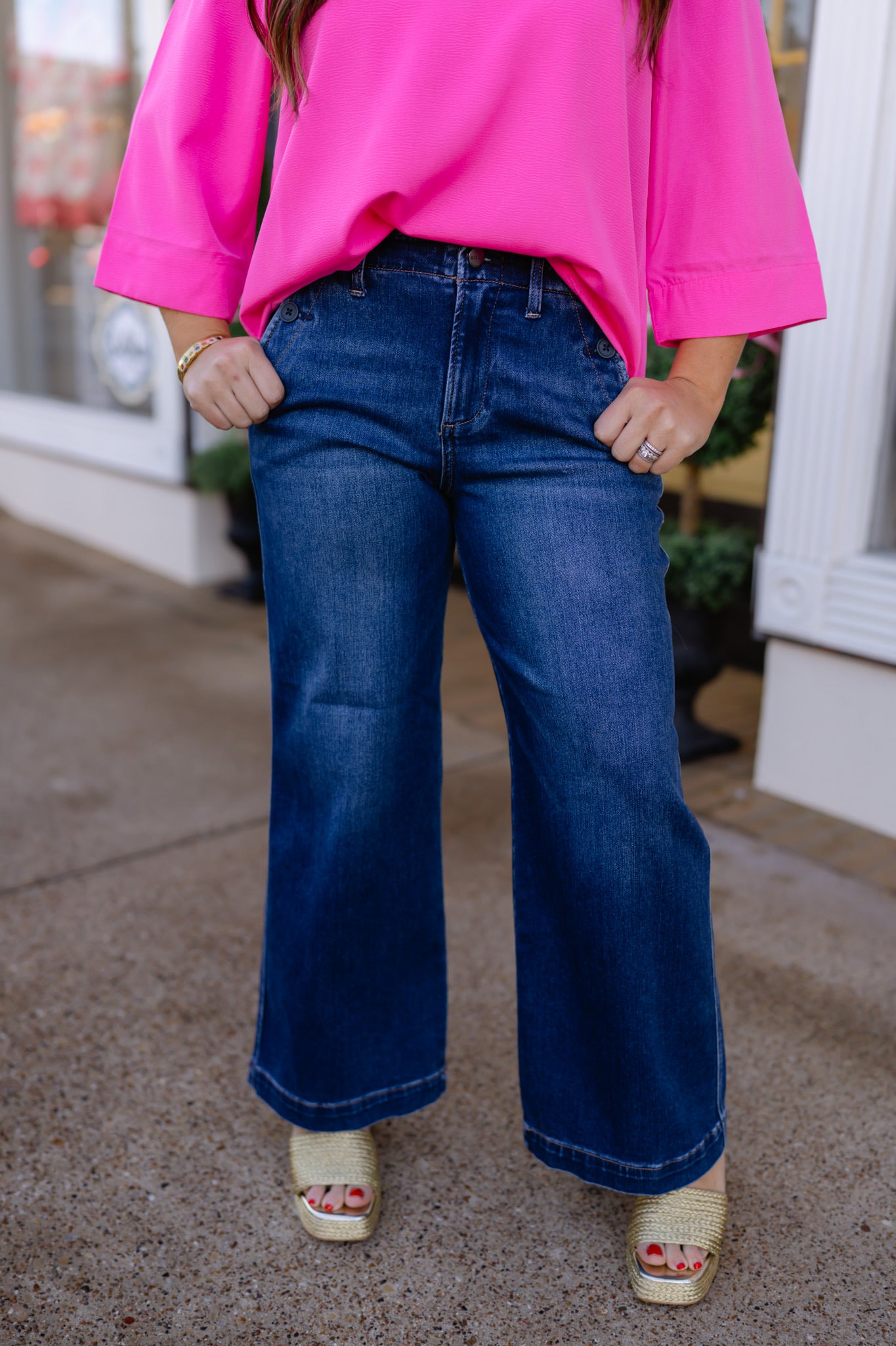 Risen High Rise Wide Leg Pocket Button Detail Jeans