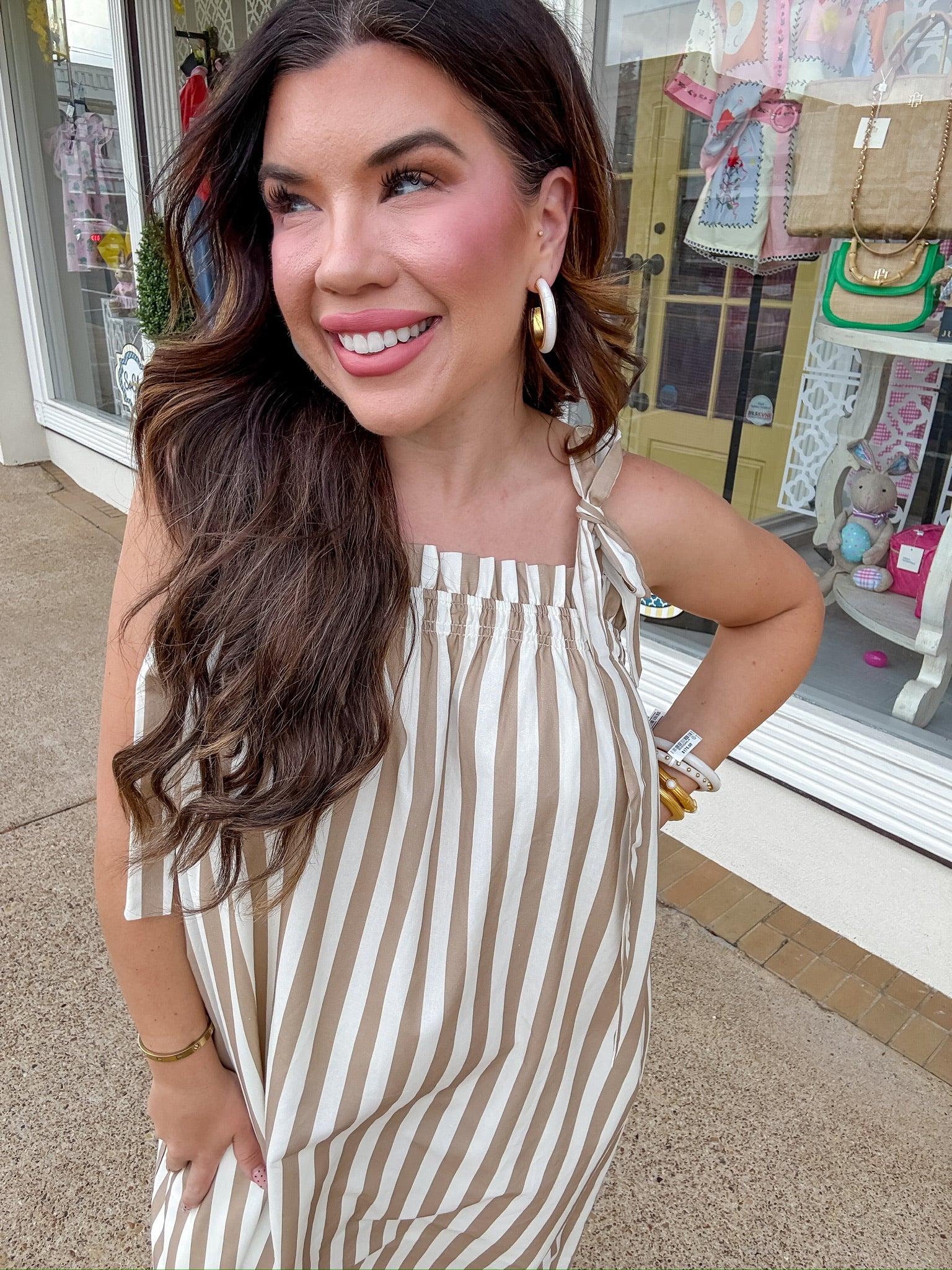Carla Striped Midi Dress/ tan and white with shoulder tie straps/ Wishlist