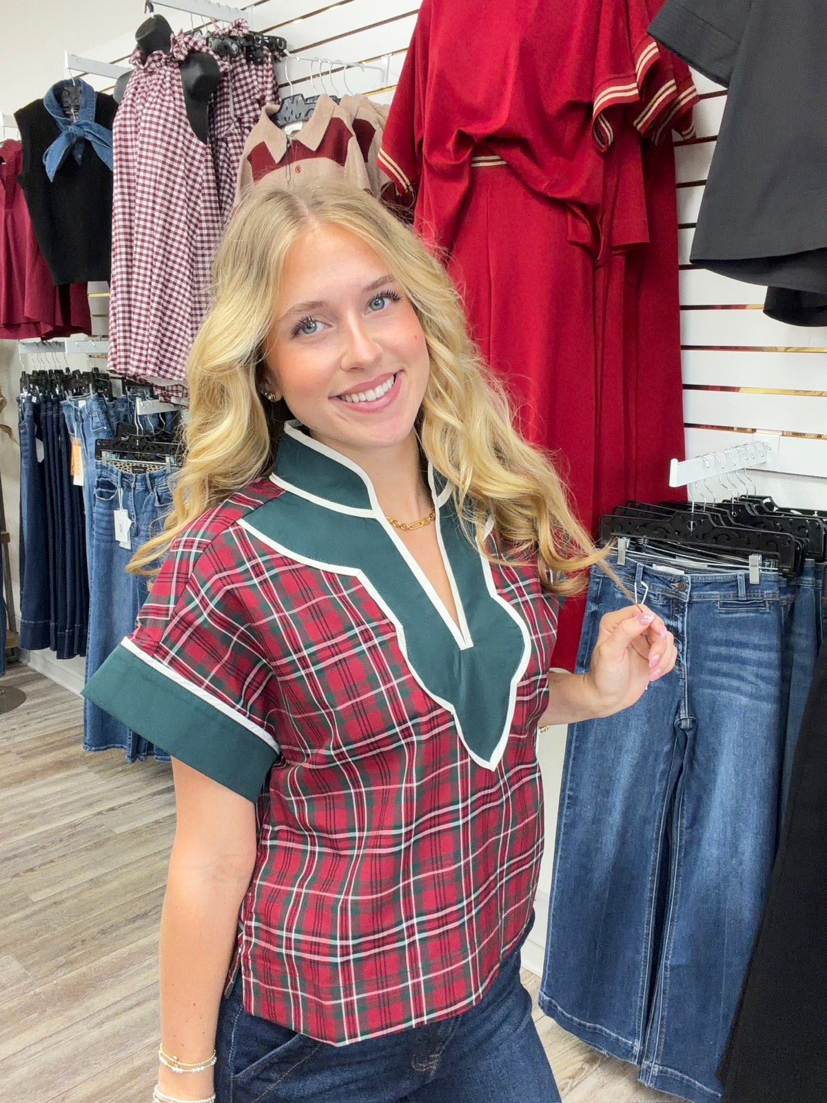 The Ellen Top - Plaid Detailing with a cap sleeve V-neck detailing