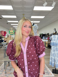 Country Charm Polka Dot Blouse - burgundy polka dots meet soft pink trim. A flattering V-neck adds the perfect finishing touch.