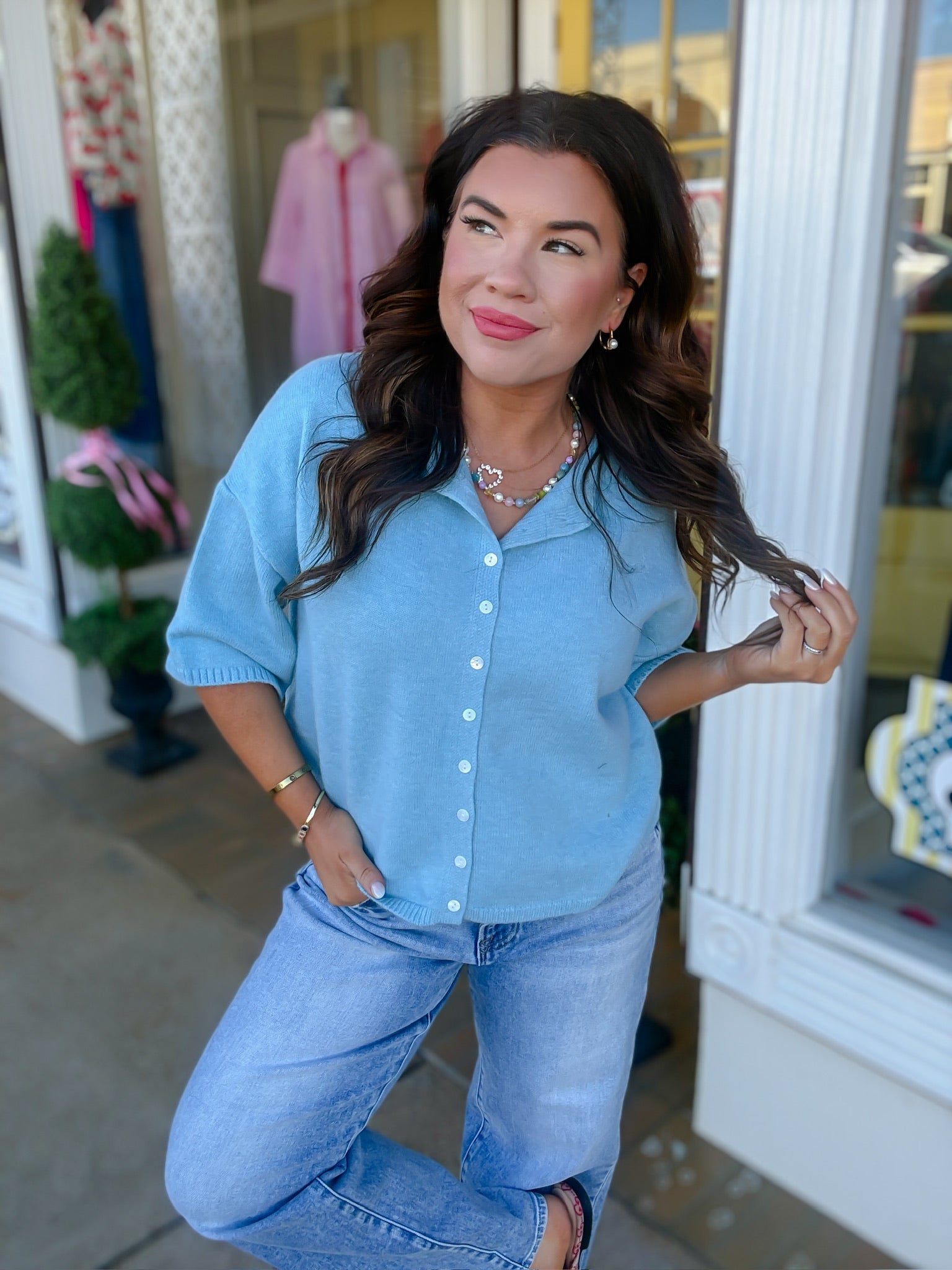 The Bethany Cardigan - Blue Short Sleeve Button Down Half Sleeve - Ee:some