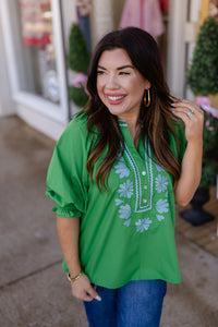 The Lillian Top - Green V neck embroidered Detail