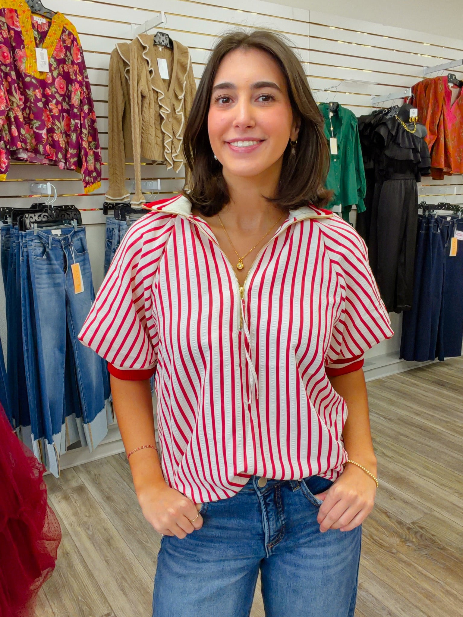 The Millie Stripe Top - Red & White Puff Sleeve Elastics Cuff Zipper Detail - Entro