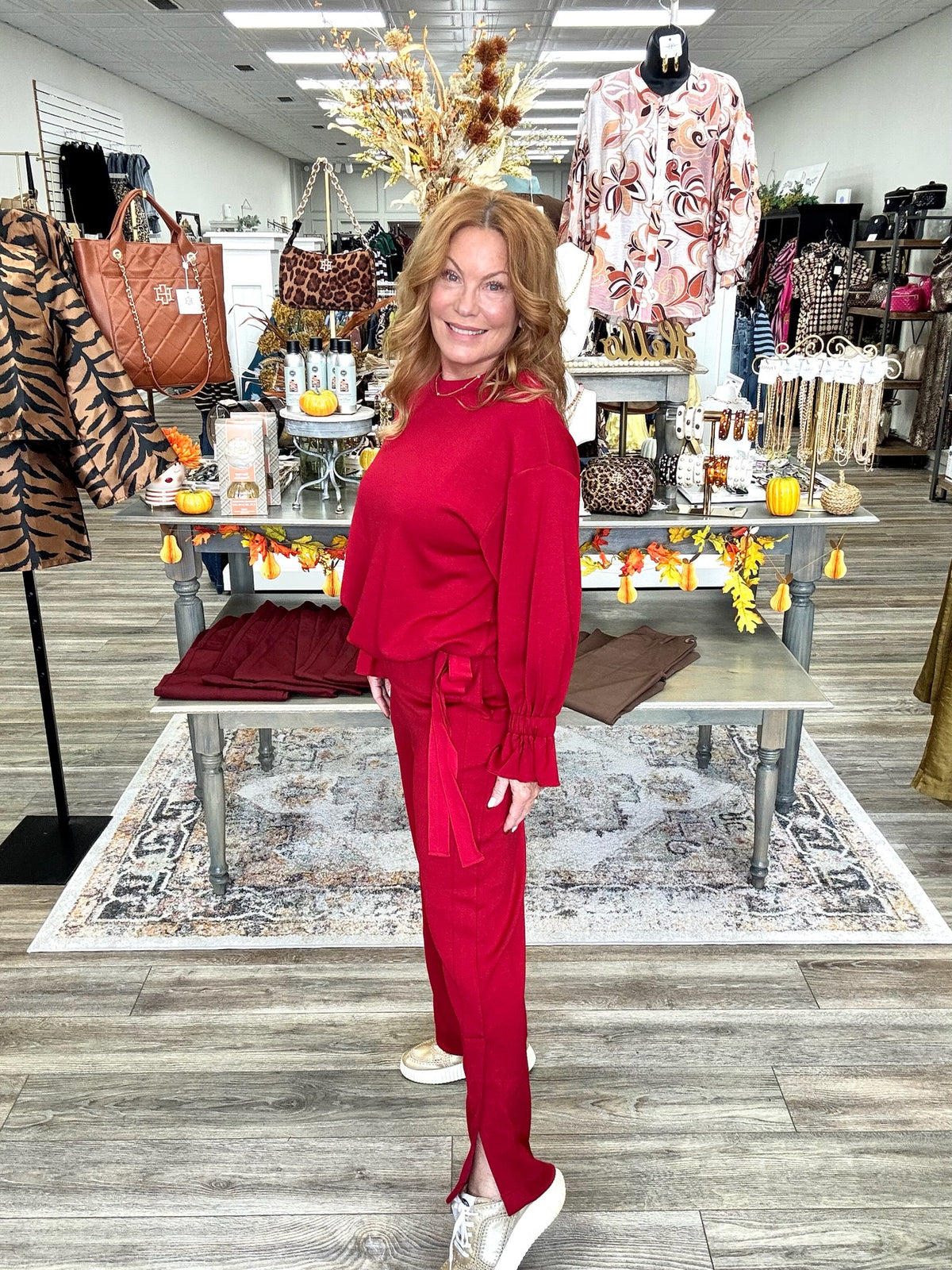 Cherry Crush Set – Bold red two-piece set featuring a relaxed long-sleeve top and coordinating pants for an effortlessly chic and comfy look.