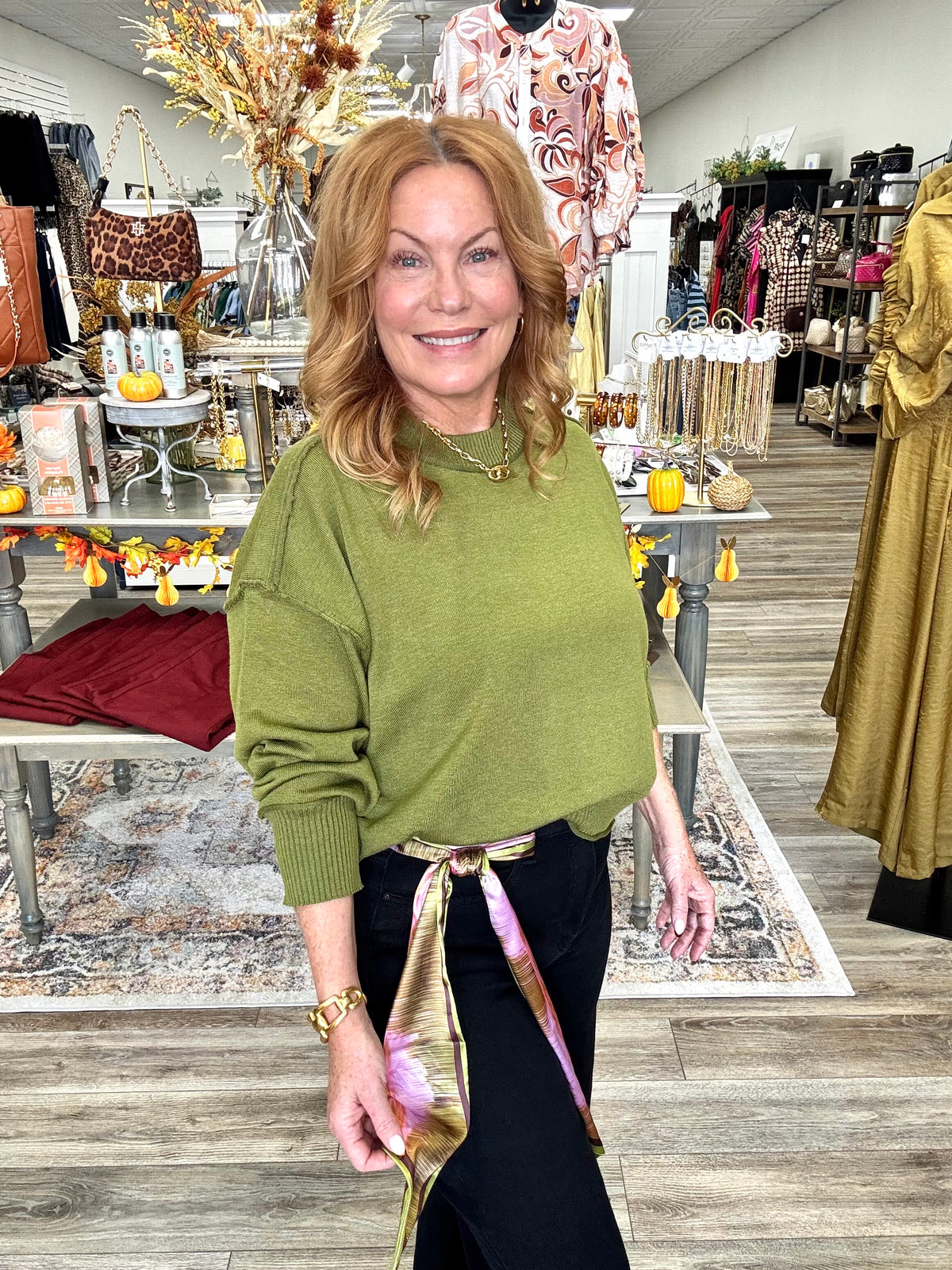 The Morgan sweater - Olive knit sweater, exposed seam detailing, dropped shoulders, and ribbed trim at the neckline, cuffs, and hem