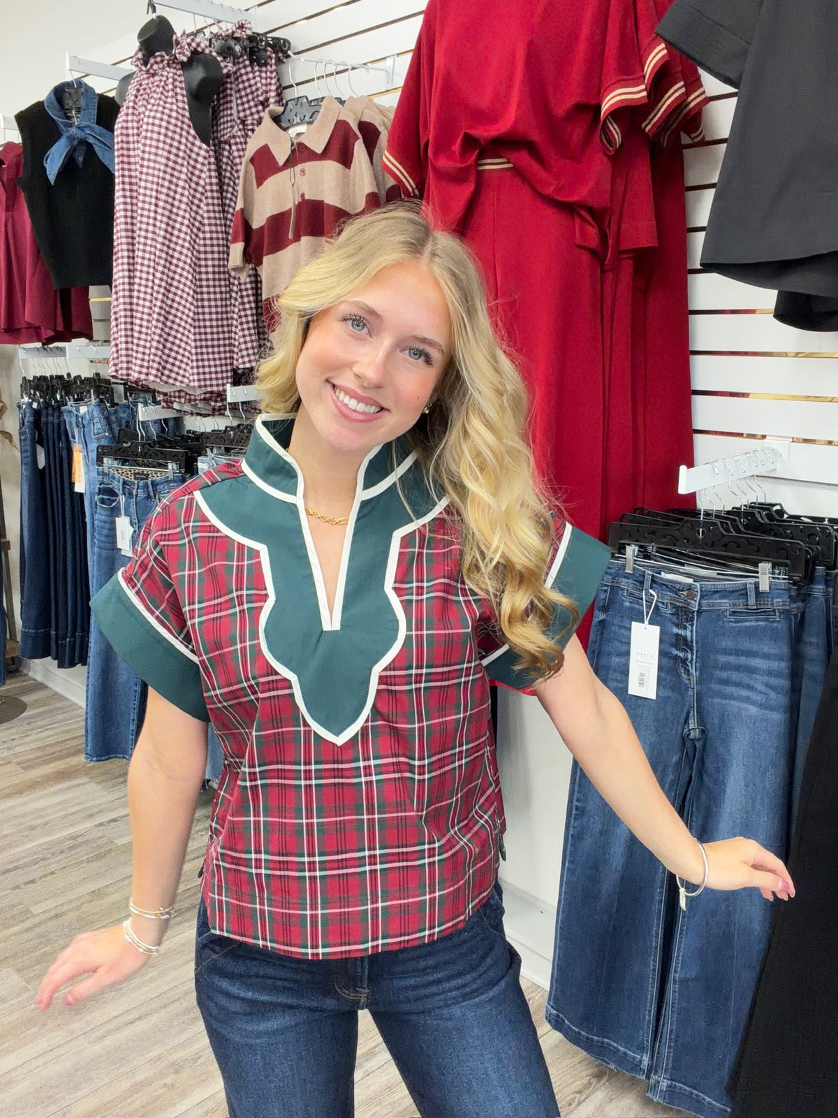 The Ellen Top - Plaid Detailing with a cap sleeve V-neck detailing