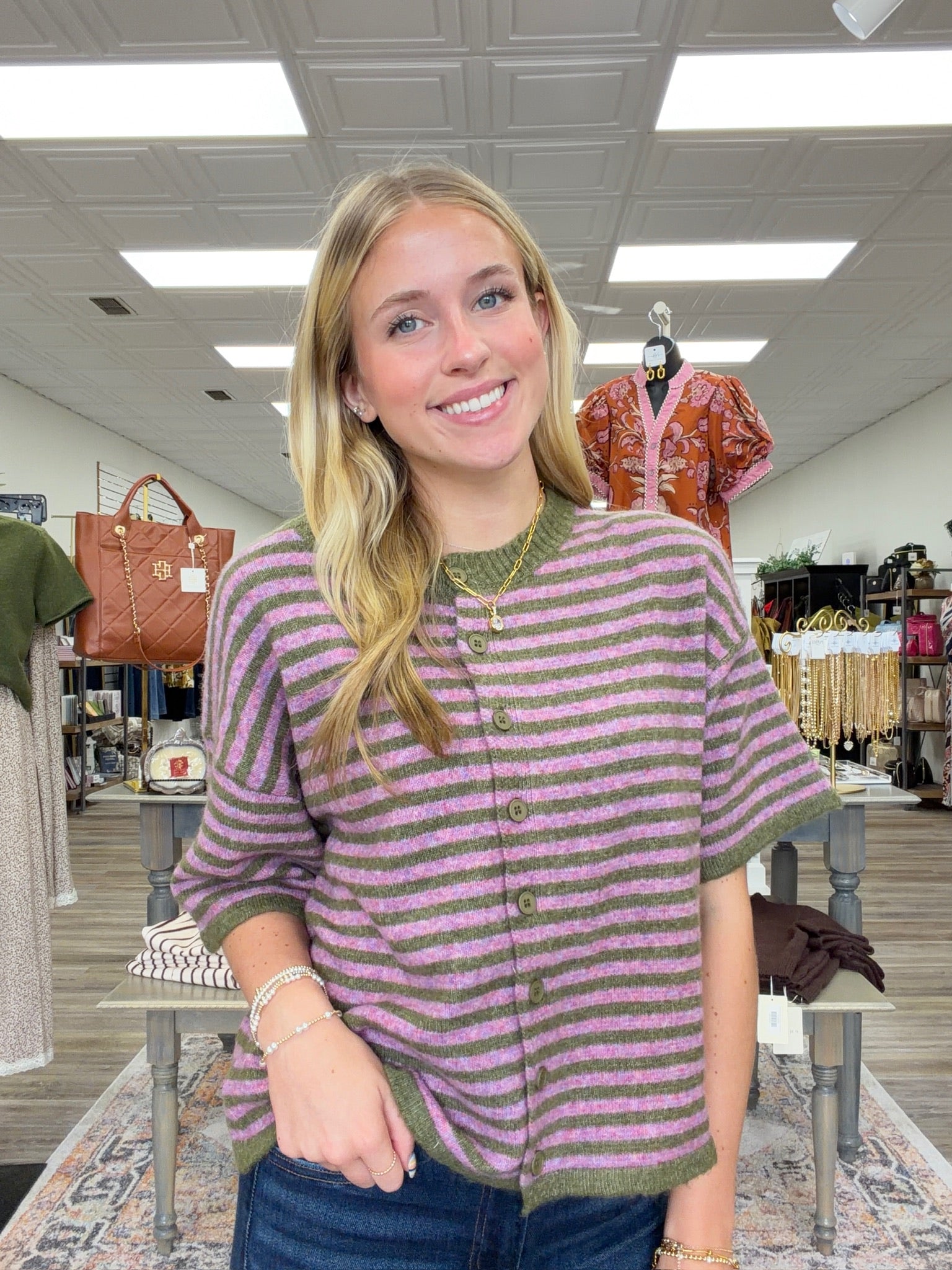 Sweet moss button knit - A soft knit short-sleeve cardigan with pink and olive green horizontal stripes, a crew neckline, and front button closure.