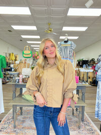 Timeless Elegance Scalloped Blouse – Puff Sleeve Button Front Top