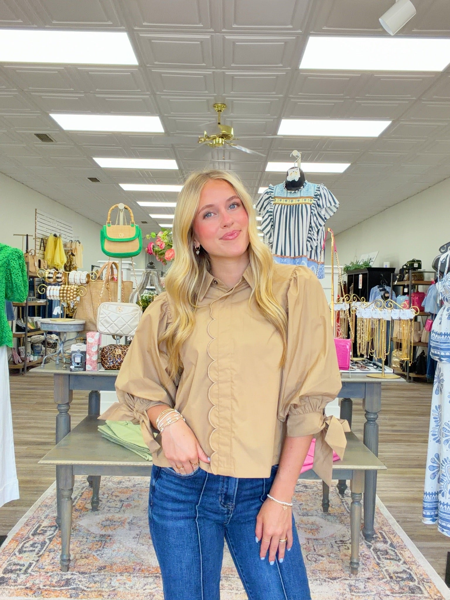 Timeless Elegance Scalloped Blouse – Puff Sleeve Button Front Top