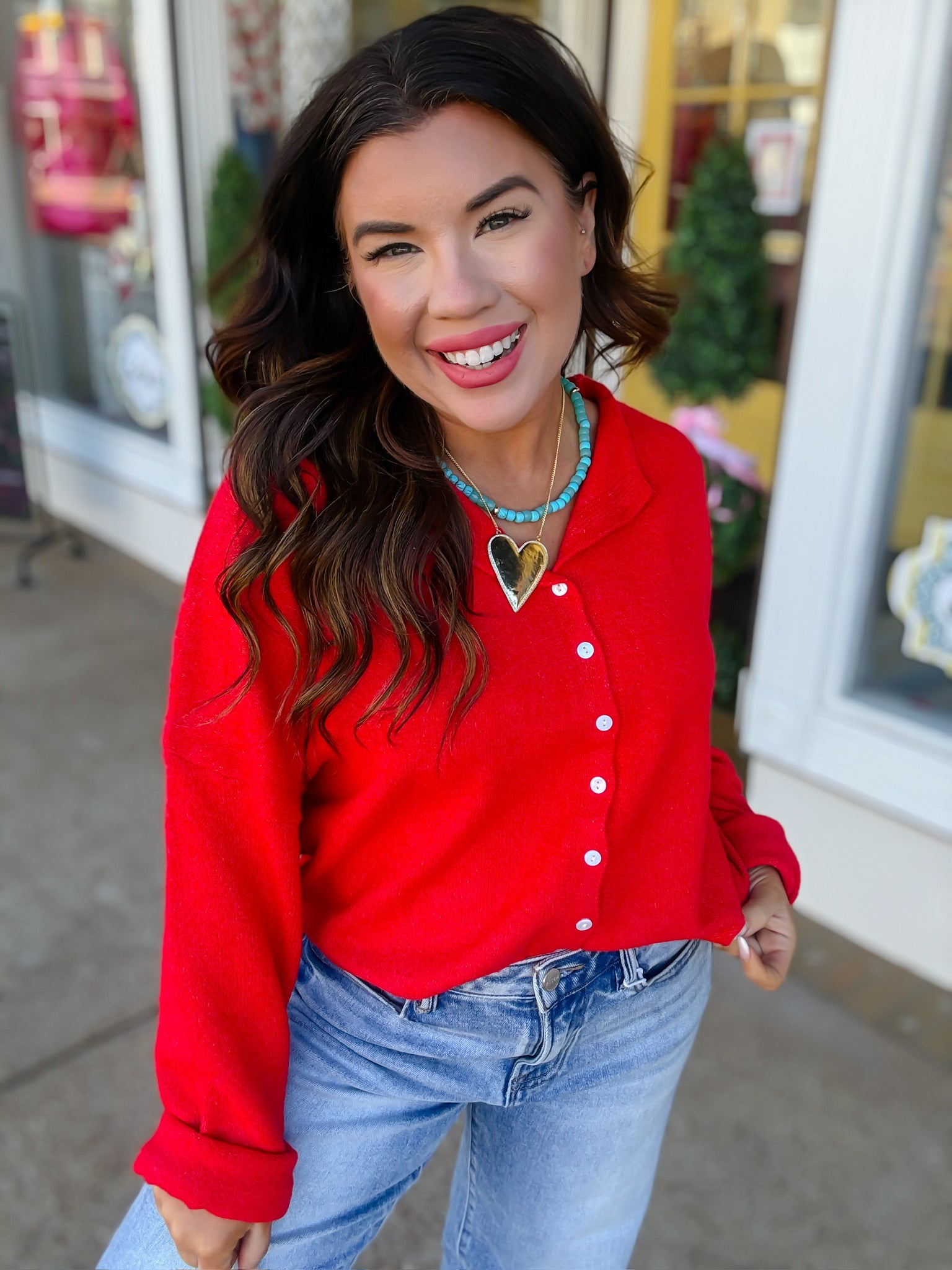 The Miranda Cardigan - Cherry Pop Long Sleeve Button Down Soft - Ee:some