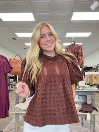 Sweet as Cocoa Blouse - Rich chocolate brown eyelet top featuring intricate crochet detailing, dramatic puff sleeves, and a feminine ruffled neckline.