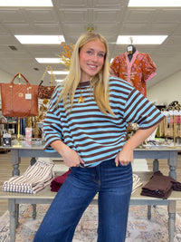 The Bella Striped Top - Blue/Brown Striped Soft Material
