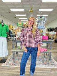 Autumn Orchard Gingham Ruffle Blouse – Burgundy & Ivory