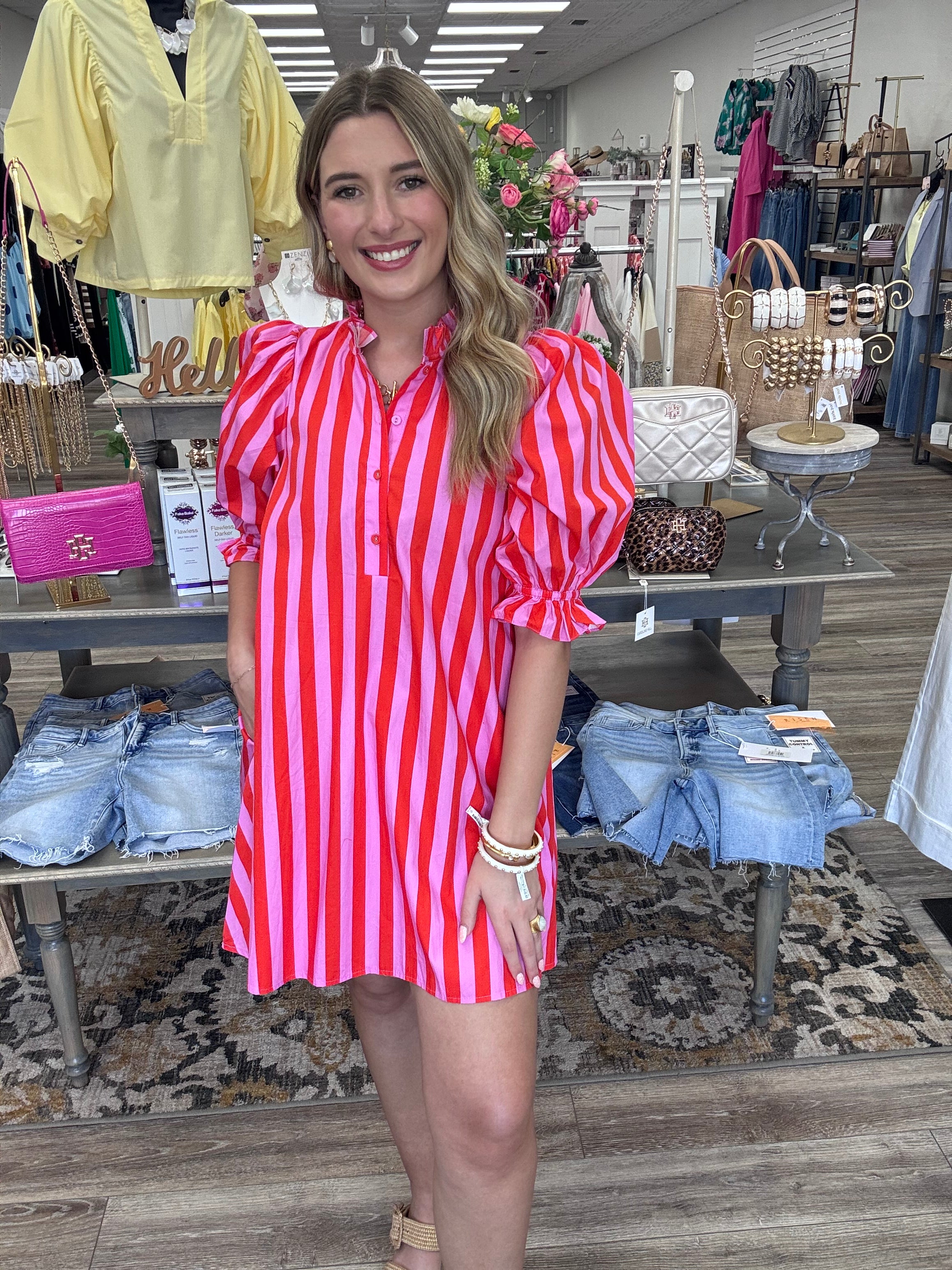 The Scarlett Stripe Dress - Button Down Striped Detail Ruffle Collar - Entro